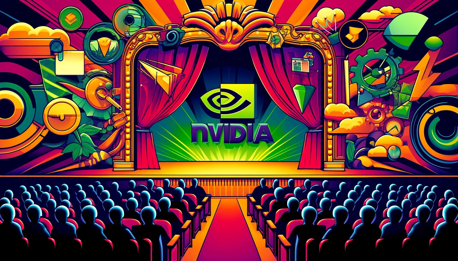 Create a vibrant and engaging pop-art style illustration in a horizontal rectangular format of 1920x1080. The image should depict a theatrical setting with dramatic flair, representing the concept of Nvidia as a central figure on a stage, surrounded by technology elements and market symbols. Include vivid colors and dynamic shapes to symbolize excitement and uncertainty in the market. The atmosphere should be lively, with a hint of tension, as if awaiting Nvidia's performance results, blending technology and theater themes.