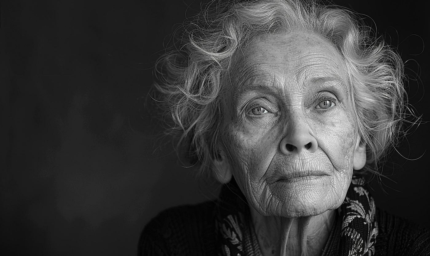 elderly woman with huge, expressive eyes