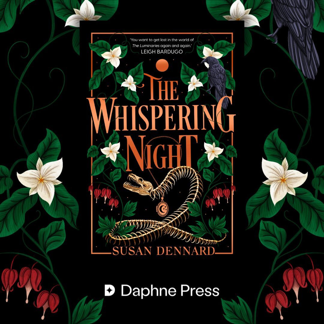 The UK cover for The Whispering Night with an illustrated snake skeleton and white flowers, red flowers, and a black crow