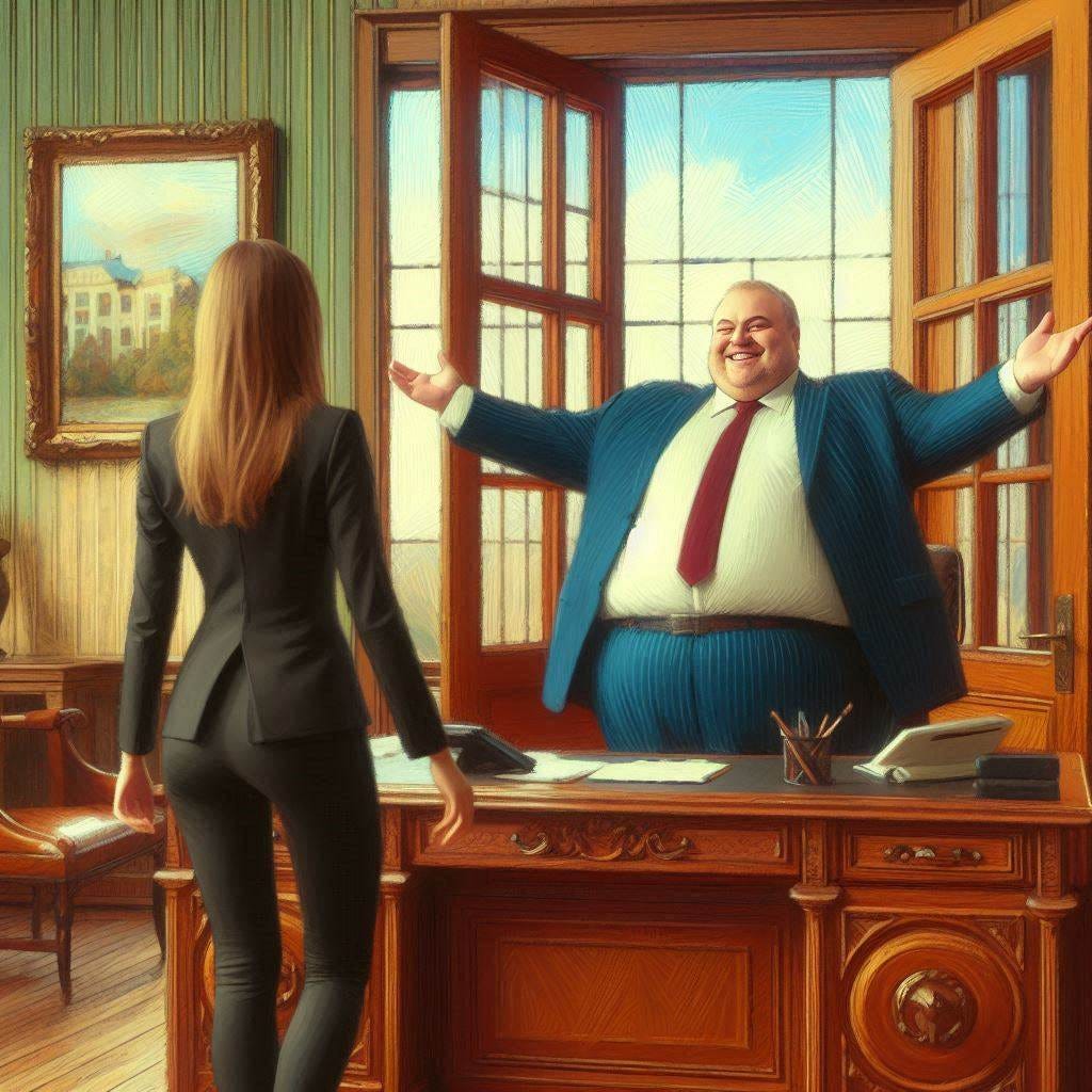 An overweight man in a business suit sits behind his desk in his large office with a picture window. He smiles and spreads his arms wide in welcome as an attractive woman enters by the mahogany double-doors. Interior. Expensive. Business. Impressionist-style