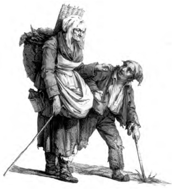 Two poor midieval Europeans, one is a woman selling rags