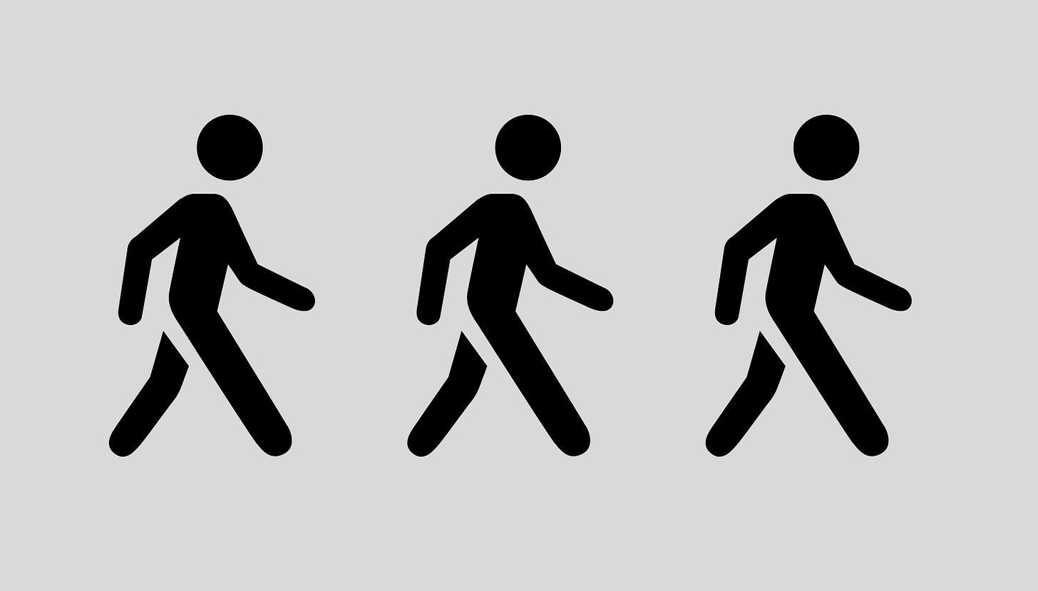 Graphic of 3 identical people walking.