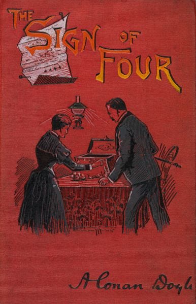 A lurid red book cover of Sir Arthur Conan Doyle's The Sign of Four features a man and a woman looking into a box, where they find strange treasures.