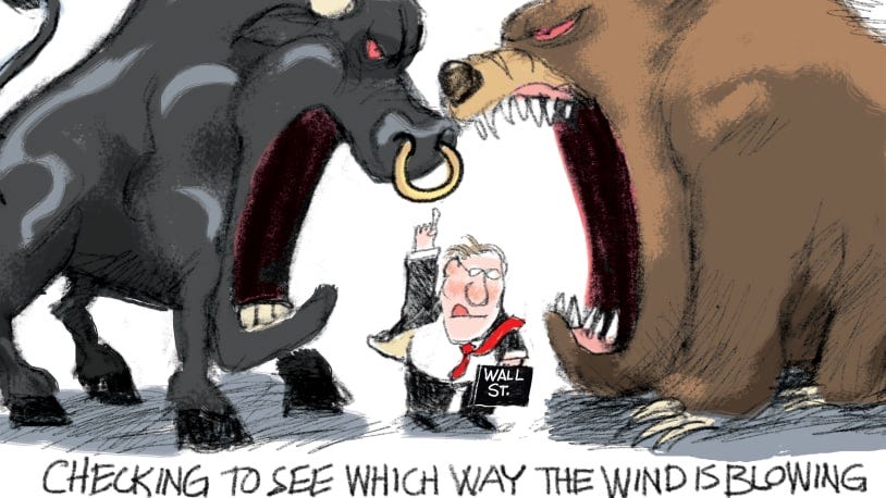 Political cartoon U.S. wall street bear bull market