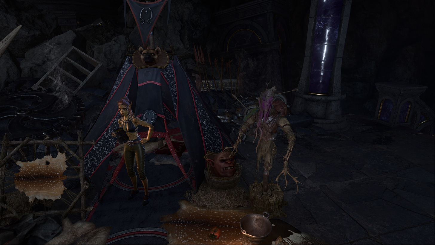 An in-game screenshot of the game Baldur's Gate III, showing the character or companion Lae'zel in her tent at camp, with a practice dummy shaped like an Illithid with roots for tentacles.