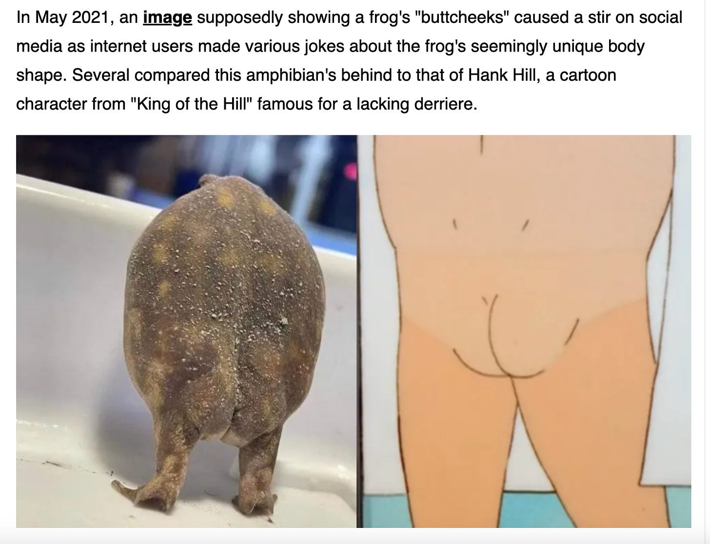 Screenshot from Snopes with side-by-side frog small butt and Hank Hill small butt images