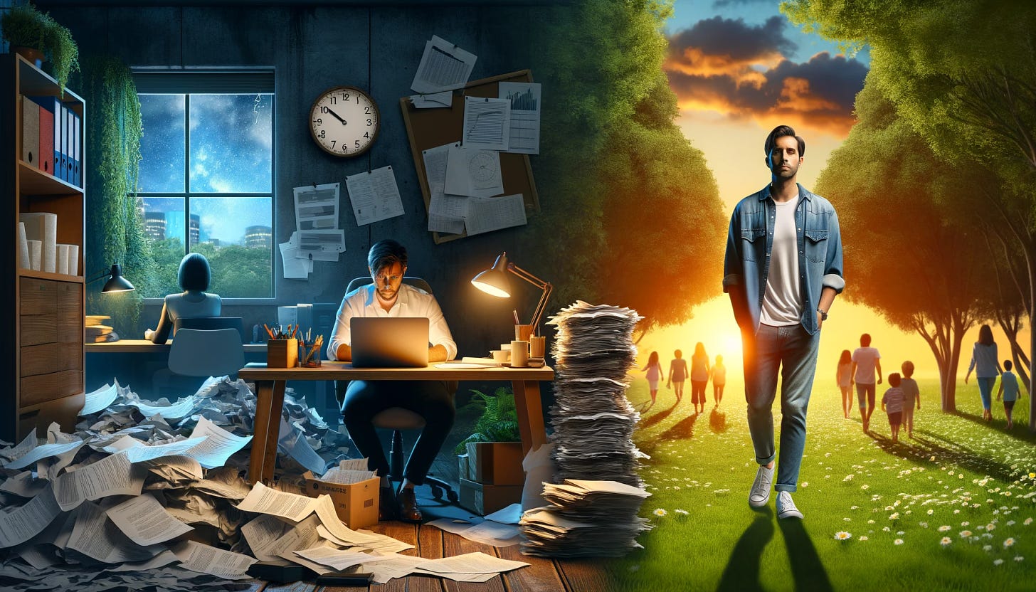 A split image showing two sides. On the left side, a person experiencing burnout, sitting at a desk with a computer, surrounded by piles of paperwork and looking exhausted and stressed. The environment is dark, cluttered, and chaotic, with a clock showing late hours. On the right side, the same person standing confidently in a park during sunset, symbolizing the triumph over burnout. The person is dressed in casual, comfortable clothing, with a serene expression. The background includes lush green trees and a clear sky with a few scattered clouds. The overall atmosphere is calm and hopeful, emphasizing recovery and new beginnings.