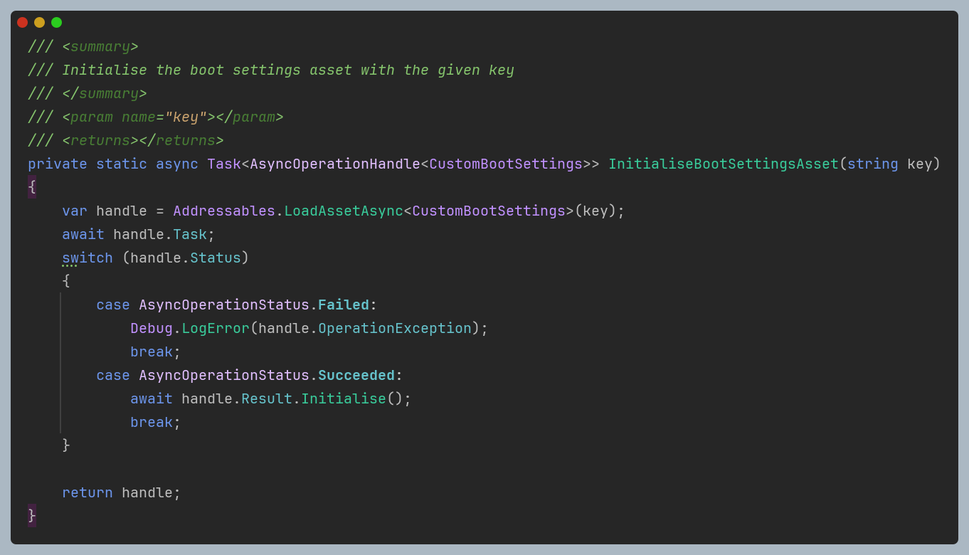 Source code demonstrating the correct method to load an Addressable Asset asynchronously in Unity