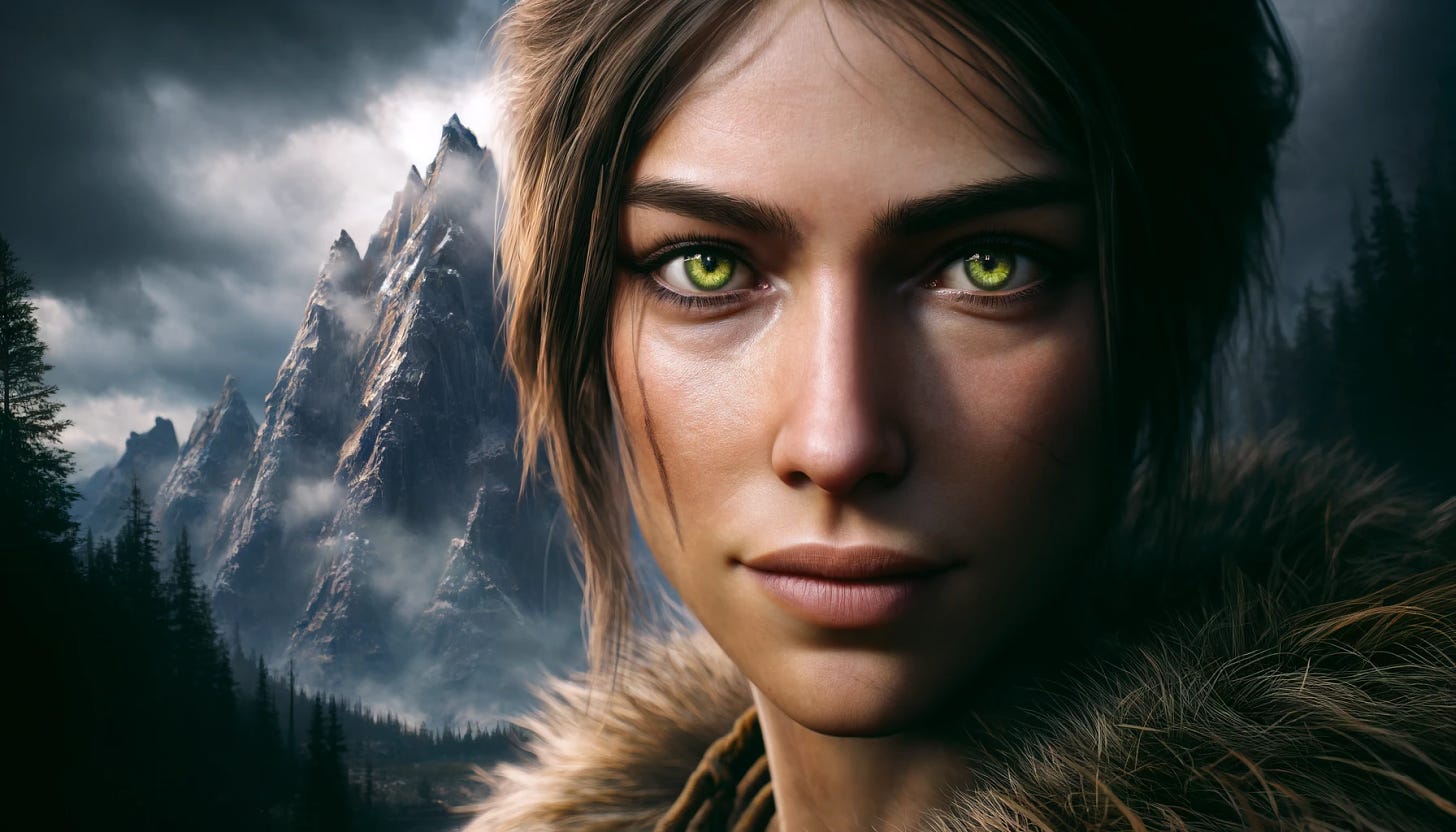Close-up of the face of a European hunter-gatherer woman with green eyes, with dramatic scenery in the background. The scene is realistic and detailed. The woman's expression is serene yet intense, her green eyes reflecting the light. She has a rugged, natural look, with simple clothing made from animal hides. The background features dramatic scenery with towering mountains, a stormy sky, and a hint of a forest. The overall atmosphere is moody and captivating.