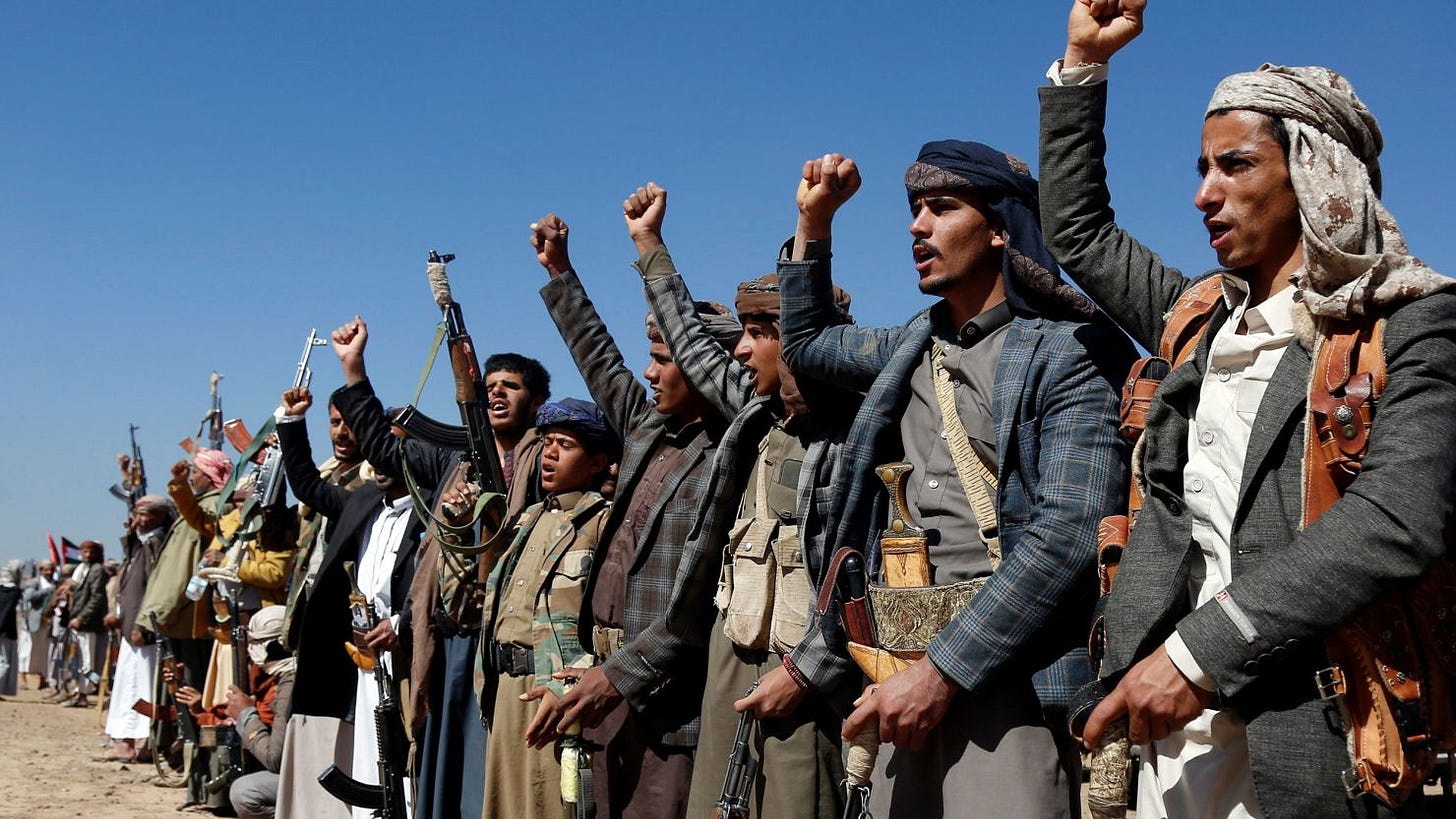 Houthi fighters and tribesmen stage a rally against the U.S. and the U.K. strikes on Houthi-run military sites near Sanaa, Yemen, on Sunday, Jan. 14, 2024. (AP Photo) Houthi fighters and tribesmen stage a rally against the U.S. and the U.K. strikes on Houthi-run military sites near Sanaa, Yemen, on Sunday, Jan. 14, 2024. (AP Photo)