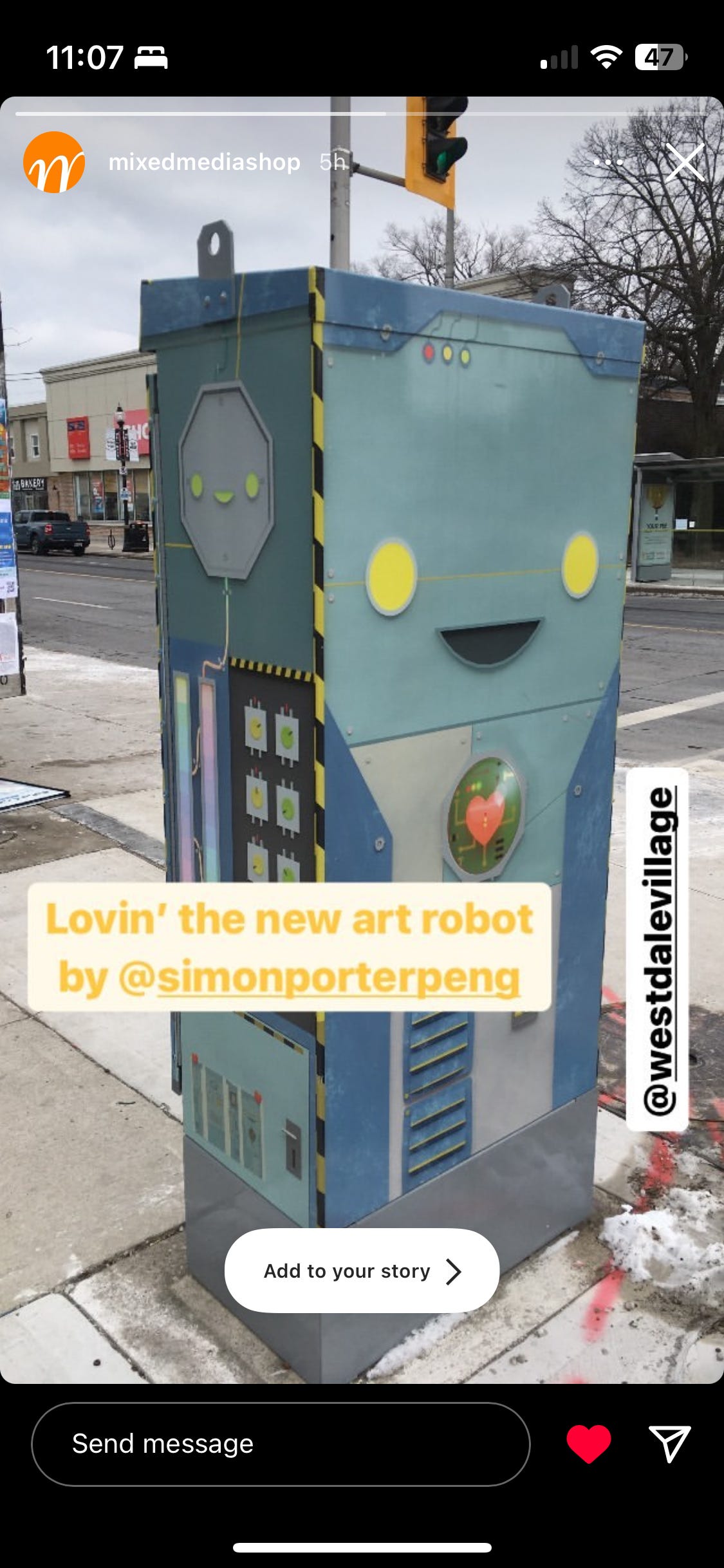 Screenshot of an instagram story tagging me with a photo of the traffic-signal-bot
