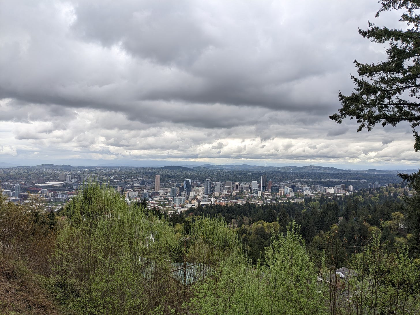 a view of a city from above with rolling mountains on the horizon and a gray cloudy sky