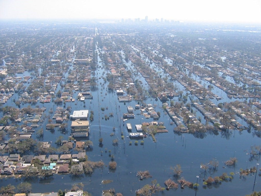 Aerial view of New Orleans suburb severely flooded.