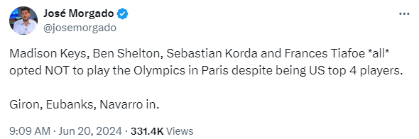 “Madison Keys, Ben Shelton, Sebastian Korda and Frances Tiafoe *all* opted NOT to play the Olympics in Paris despite being US top 4 players”