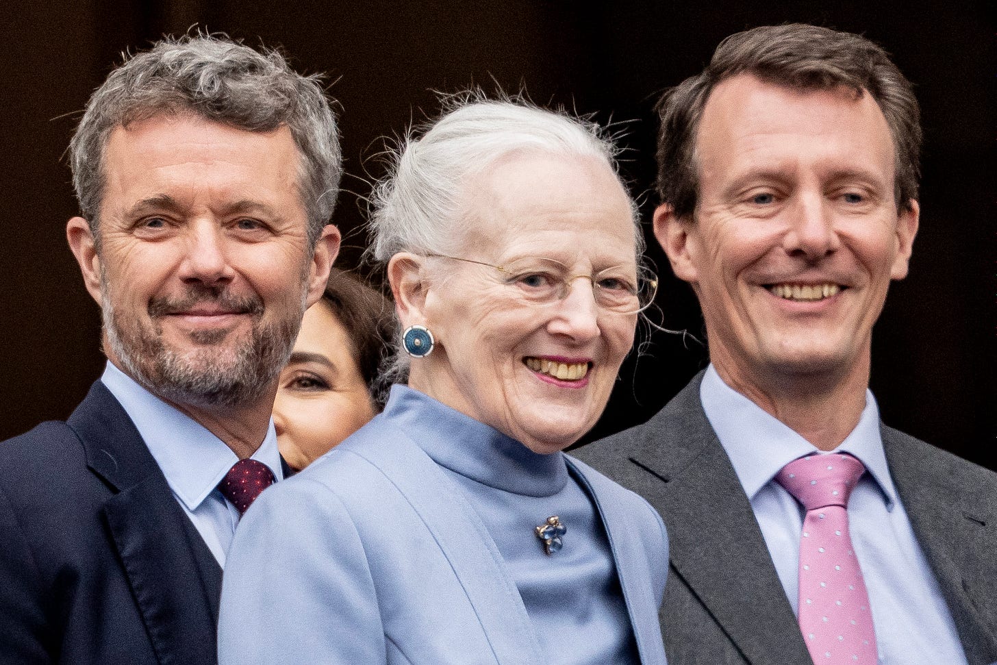 Crown Prince Frederik of Denmark, Queen Margrethe II of Denmark and Prince Joachim of Denmark arrive for the Queen's 83rd birthday celebrations at Amalienborg Castle