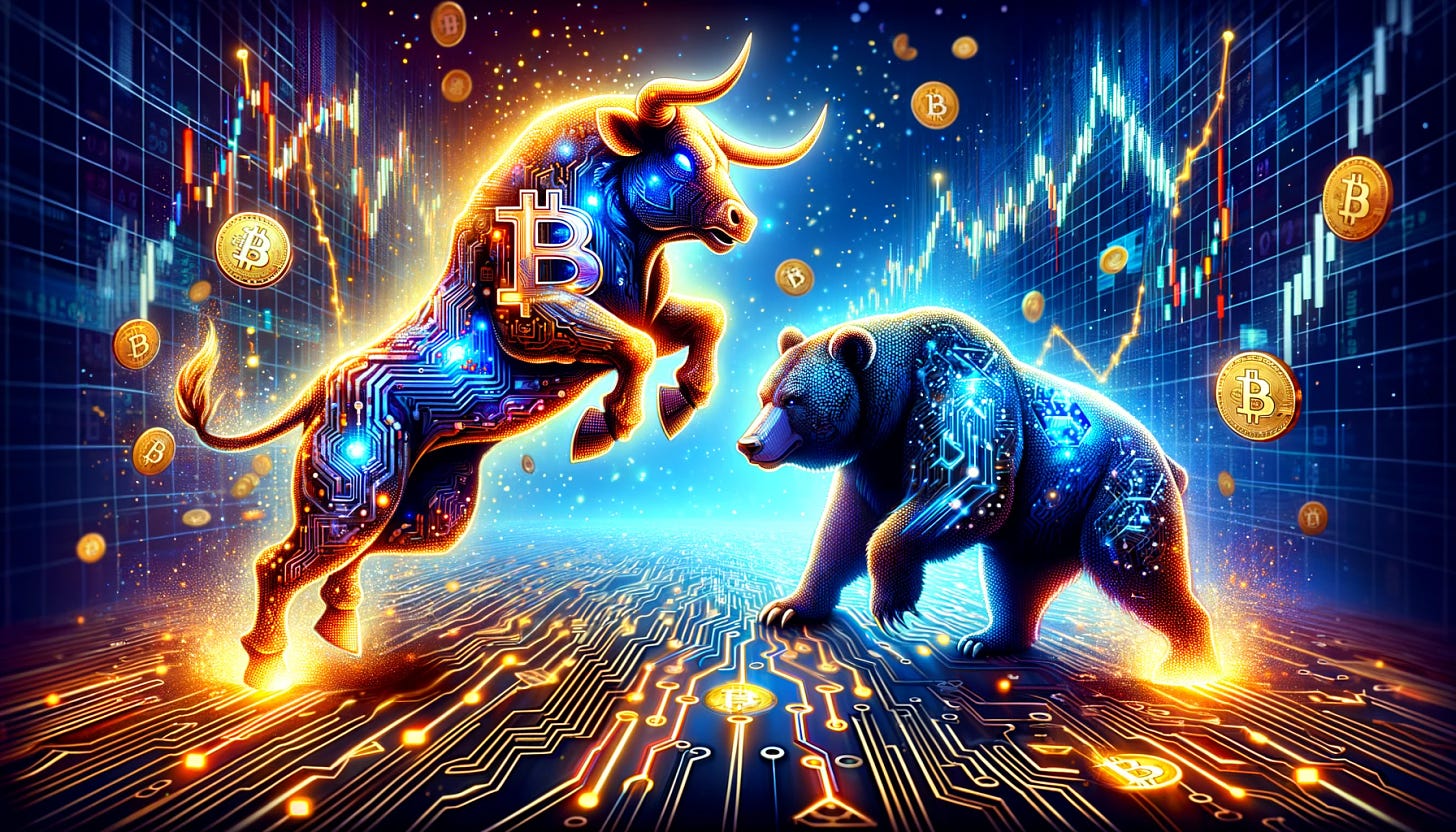 A super high-quality image showcasing both the bull and bear in a digital style for the Bitcoin ETF scenario. Both the bull and bear are composed entirely of digital elements, with intricate circuitry and pixelated textures. The bull, radiating with electric blue and golden lights, charges upwards on a vibrant, digitalized Bitcoin path, symbolizing a bullish market. The bear, emanating deep red and dark hues, plummets downwards on a disintegrating digital Bitcoin trail, representing a bearish market. They are set in a futuristic financial arena, with glowing stock market graphs and digital financial icons floating around, all under a dynamic, binary-coded sky.