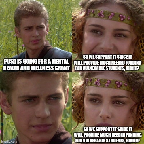 4 panels; Amadala says to Anakin "PUSD is going for a mental health and wellness grant, so we should support it since it will provide much needed funding for vulnerable students, right?" Padme looks at Anakin. Right?