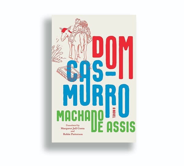 The book cover of “Dom Casmurro,” by Machado de Assis, shows an illustration of a mule with a large load on its back and a notebook on the ground.