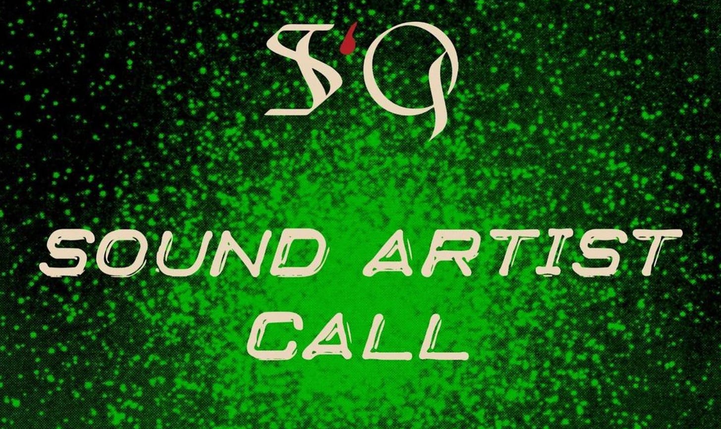 graphic text post with a black background, erupting with green digital pixels in the center that fizzle outwards and dissipate. Centered in the graphic is the SiQ logo, with the letters S and Q in gothic bone-tone font, and the blood drop-shaped lowercase letter i in dark red. Underneath in all caps, italicized bone tone digital clock lettering reads ‘SOUND ARTIST CALL’.