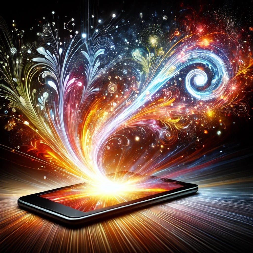 An abstract and powerful image symbolizing wisdom and inspiration flowing out of a mobile phone. The phone is emitting radiant, glowing light that represents life-changing wisdom and motivational energy, with vibrant colours and swirling patterns. The light and energy emanate from the phone in dynamic, flowing shapes, symbolizing the impact of inspirational quotes accessed through technology. The overall mood is empowering, modern, and filled with transformative energy, focusing on the power of mobile technology to deliver profound knowledge and wisdom.