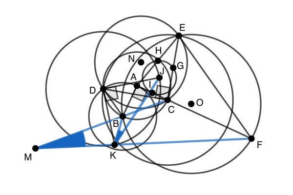 A computer image of a very complex geometric figure made up of several triangles and circles, with points marked A through the letter O. One portion of the figure is marked in blue lines.