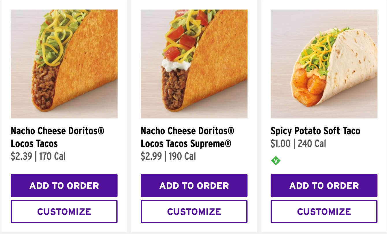 Taco Bell menu screenshot