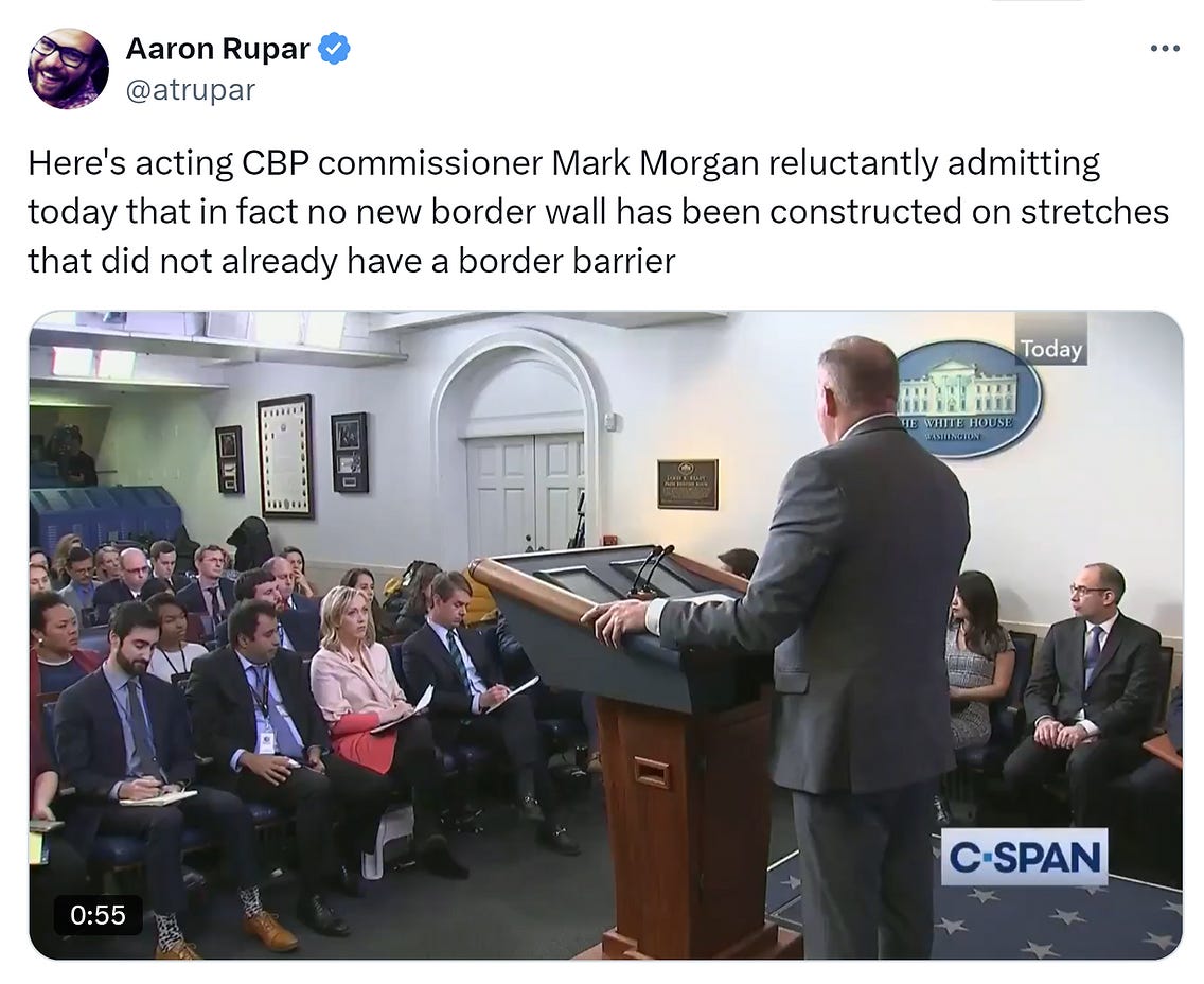 Tweet with Trump staffer at the podium, admitting no new border was protected