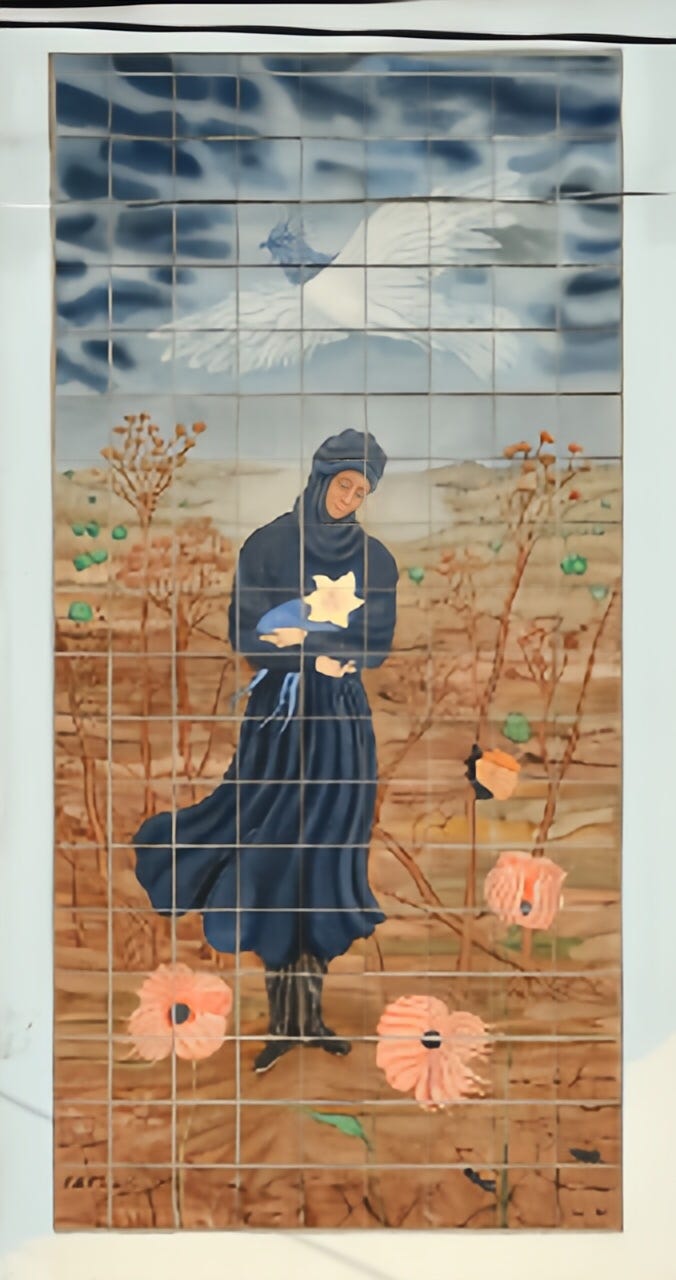 Ceramic painting by Arik Brauer on the façade of the Tabor parish church in Vienna's Leopoldstadt district. Left picture: Mary walking in a grove of thorns.