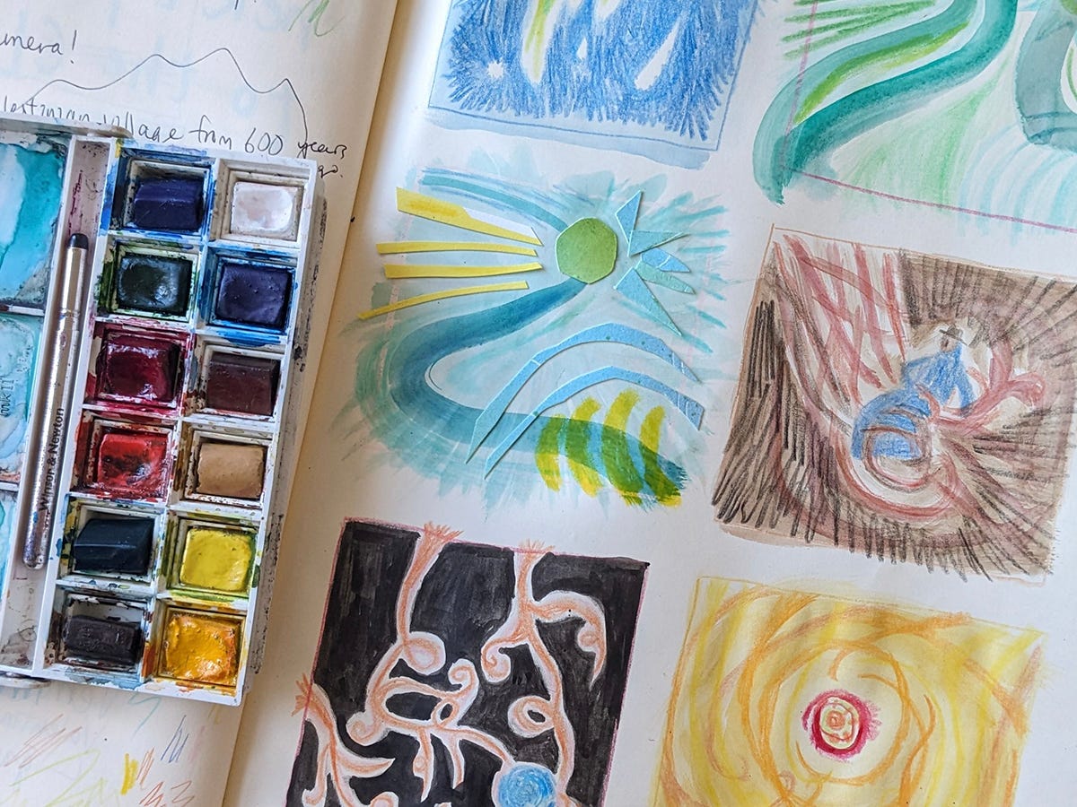 Photo of an open sketchbook with a watercolor set on the left and six mini paintings on the right.