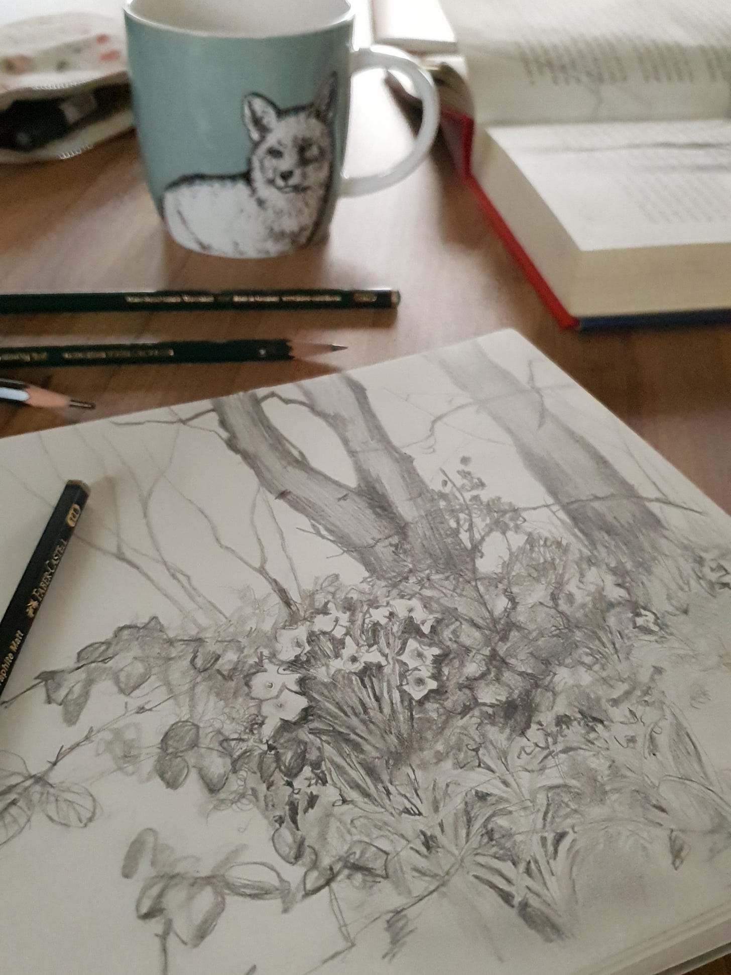 Pencils and paper on a table with a drawing of a woodland scene with daffodils. A mug with a fox and an open book in the background.