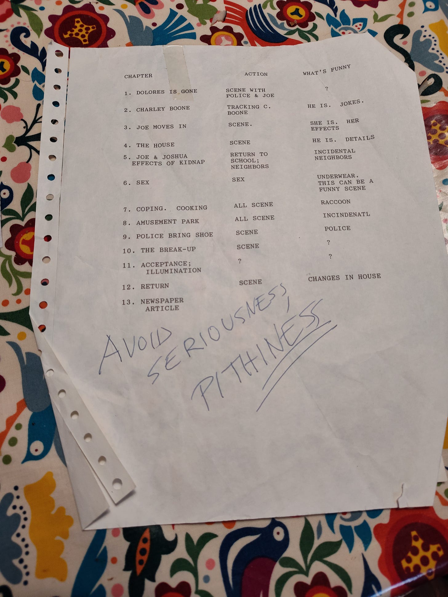 piece of old computer paper with the holes for a dot matrix print with tractor feed still attached. Three columns headed CHAPTER, ACTION, WHAT'S FUNNY. 13 chapters detailed. Scrawled across the bottom: AVOID SERIOUSNESS, PITHINESS.