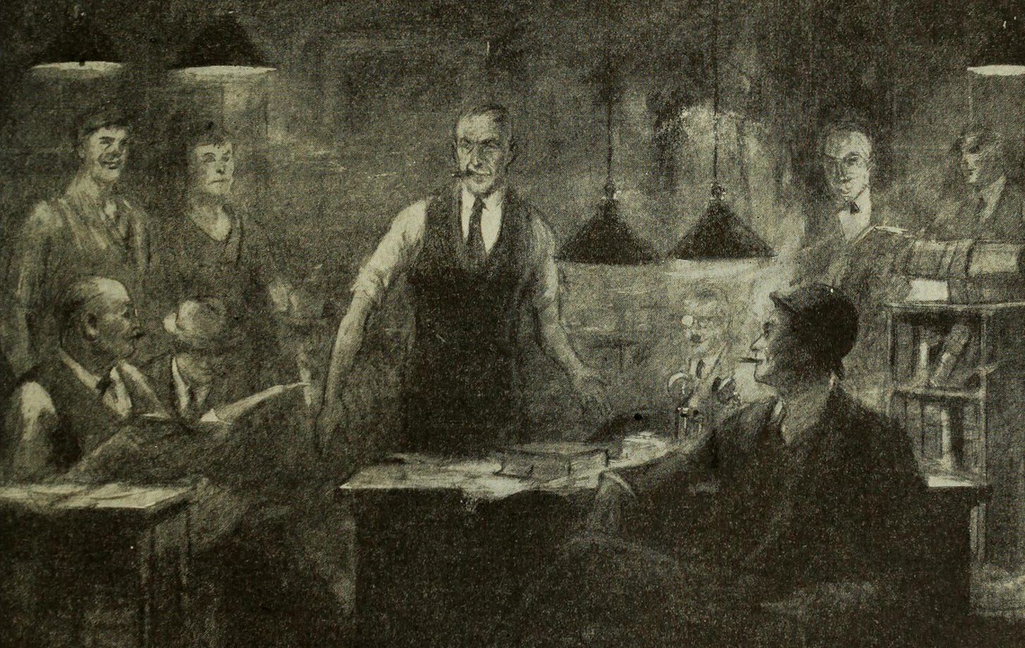 Illustration of a newspaper room by Edward Ryan (1920)