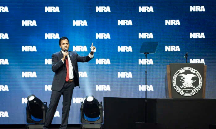 Republican presidential candidate Vivek Ramaswamy speaks at the National Rifle Association annual convention in Indianapolis, Ind., on April 14, 2023. (Madalina Vasiliu/The Epoch Times)