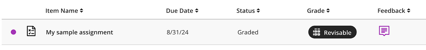 A row from a student gradebook, showing "My sample assignment" with a grade of "Revisable" visible next to it.