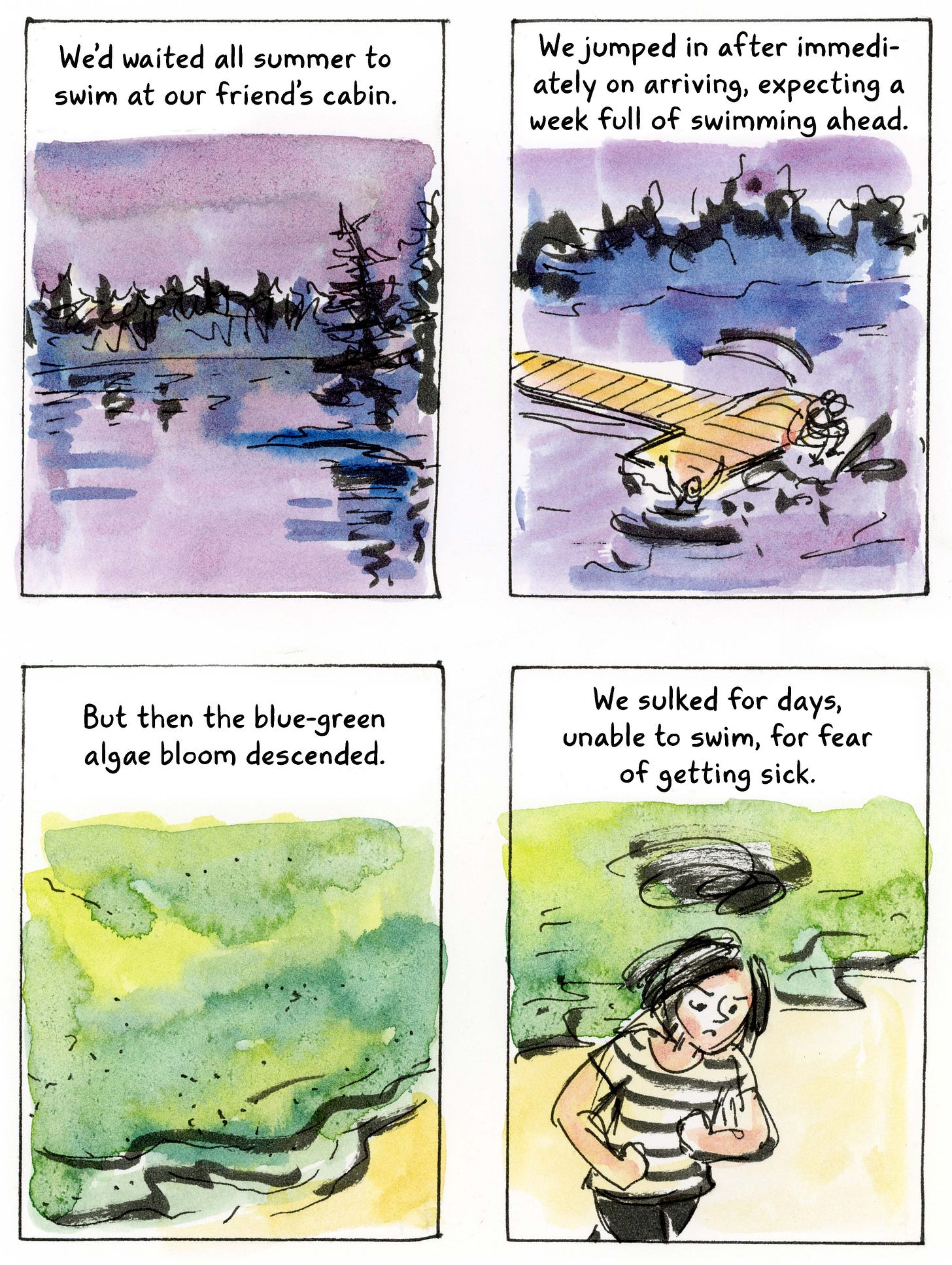 Diary comic by K. Woodman-Maynard on overcoming creative obstacles made with ink and watercolor. It shows K. wanting to go swimming in a lake but being prevented to from a blue-green algae bloom.