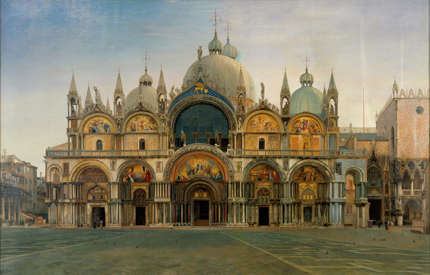 Oil on canvas painting of a grand building which has ornate Christian religious scenes depicted on its walls. 