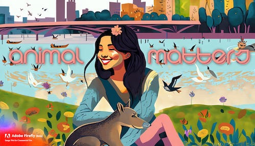 The Animal Matters logo -- a young smiling girl sits beside a woodland creature on the banks of an urban river with a bridge and cityscape rich with trees in the distance. Birds fly overhead, ducks sit in the river, flowers bloom on the banks.