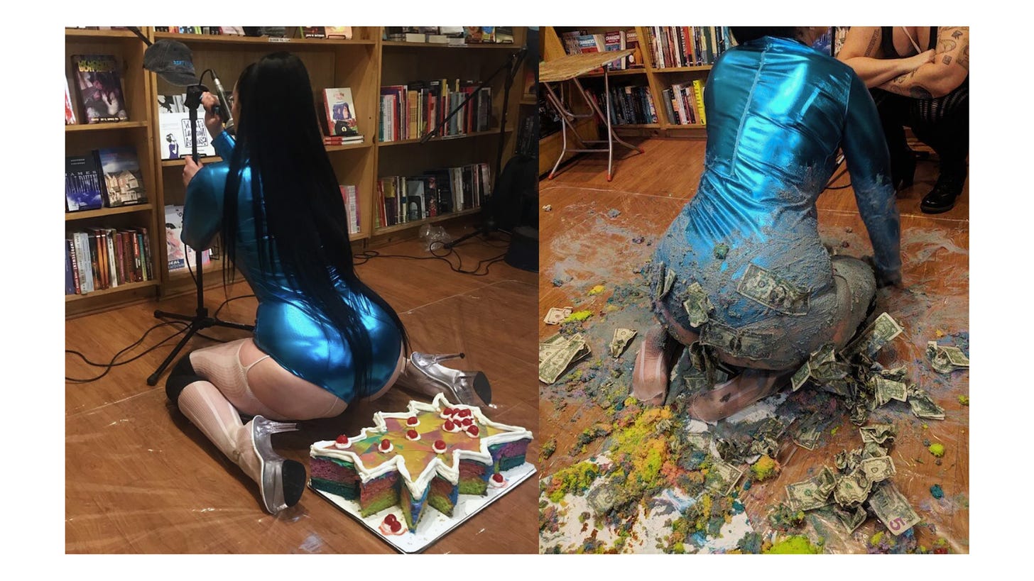 Two photos of Dye cake sitting - the first, before smashing the cake, hovering over it in a metallic blue leotard and heels. The second, after, covered in smushed cake and dollar bills