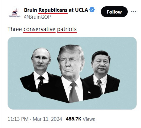 now-deleted tweet reading "Three conservative patriots" with photos of Vladimir Putin, Donald Trump, and Xi Jinping