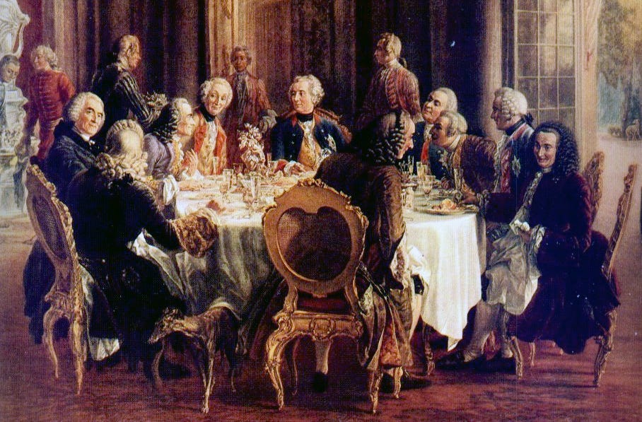 Painting of Frederick and companions seated around a table