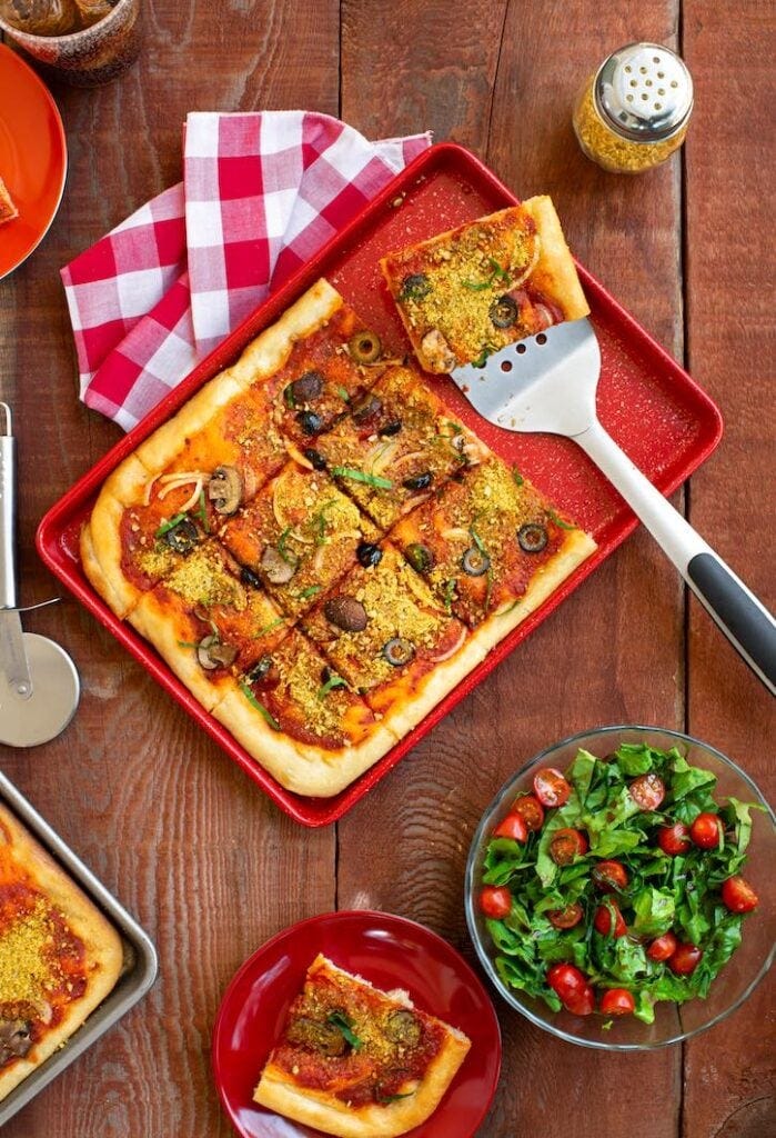 Vegan Sheet Pan Pizza with Almond Parmesan