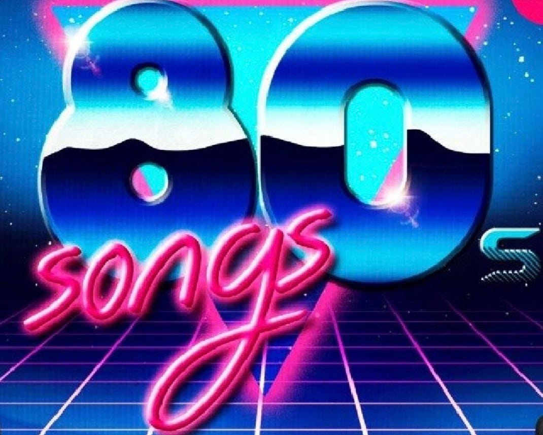 Stylized 80s SONGS graphic, all neon and vector graphics