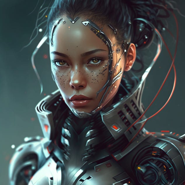 A futuristic female cyborg; pretty eyes and freckles.