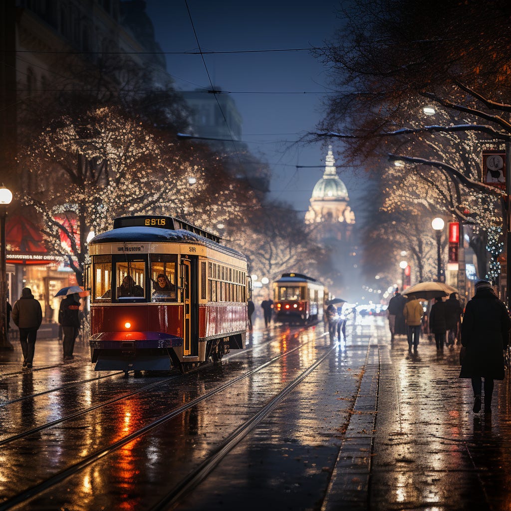 Image of a raining street in San Francisco during cold weather; image created using Midjourney.