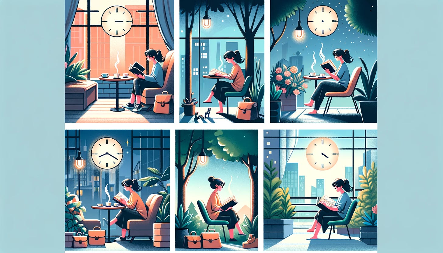 Create a series of illustrations depicting a person reading in various locations throughout the day. The first scene shows the person enjoying a book in a cozy coffee shop in the morning, with a steaming cup beside them. The second illustration transitions to a lunchtime setting, where the person is engrossed in reading at a city park, sitting under a tree with a gentle breeze. The final scene takes place in the evening on a rooftop terrace, with the person relaxing in a comfortable chair, surrounded by plants and soft lights, still deeply immersed in their book. Each scene emphasizes the person's love for reading, regardless of the time or place, with a focus on tranquility and the pleasure of getting lost in a good book.