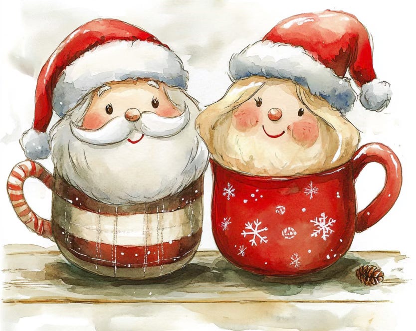 watercolor or two mugs shaped like Mr. and Mrs. Claus