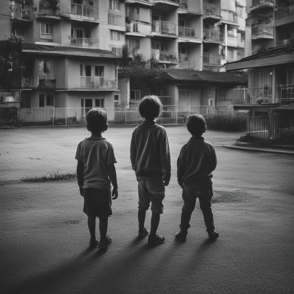 Three kids standing in the courtyard of a block of flats