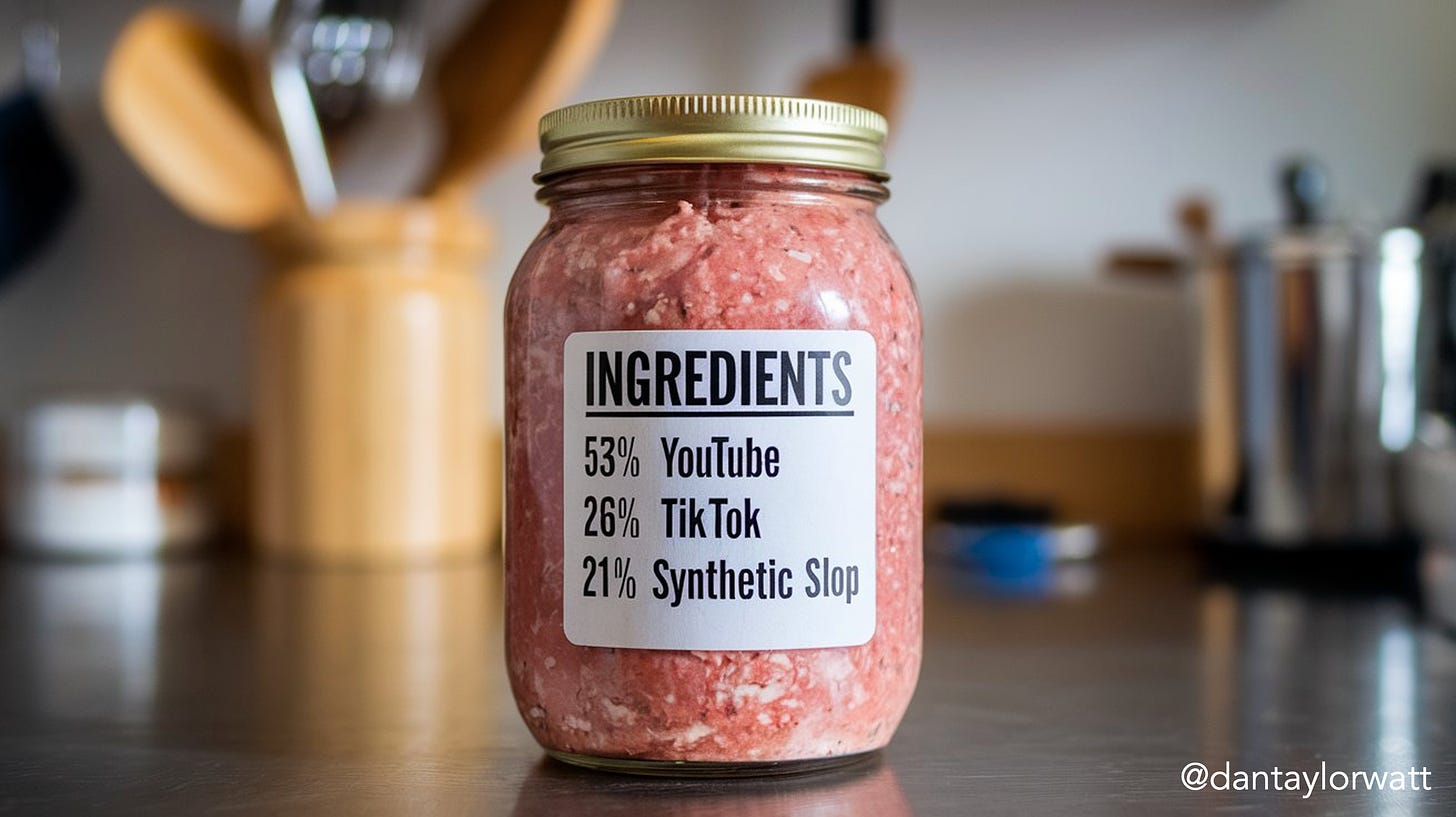 AI-generated image of a jar of mince with an Ingredients label which reads 53% YouTube, 26% TikTok, 21% synthetic slop. Image generated using Ideogram