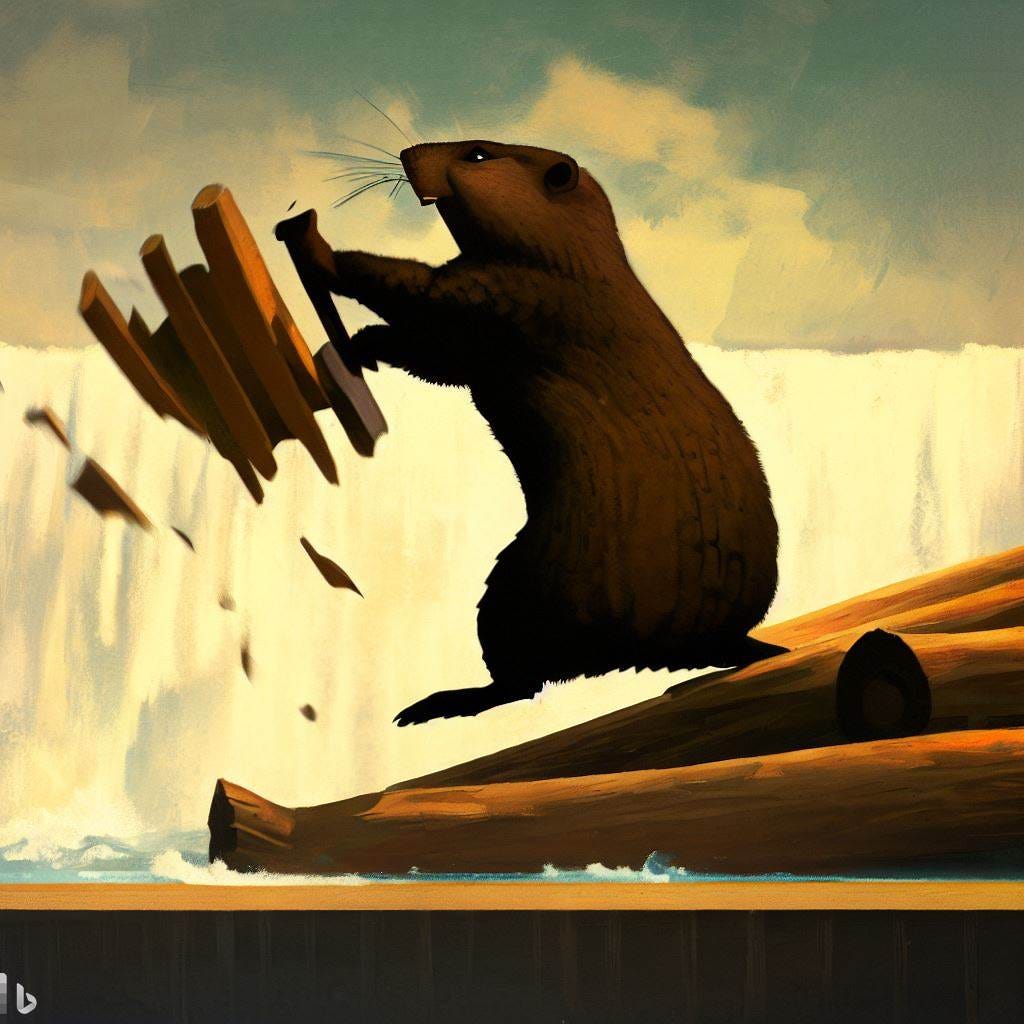a woodchuck throwing wood over a dam in the style of edward hopper