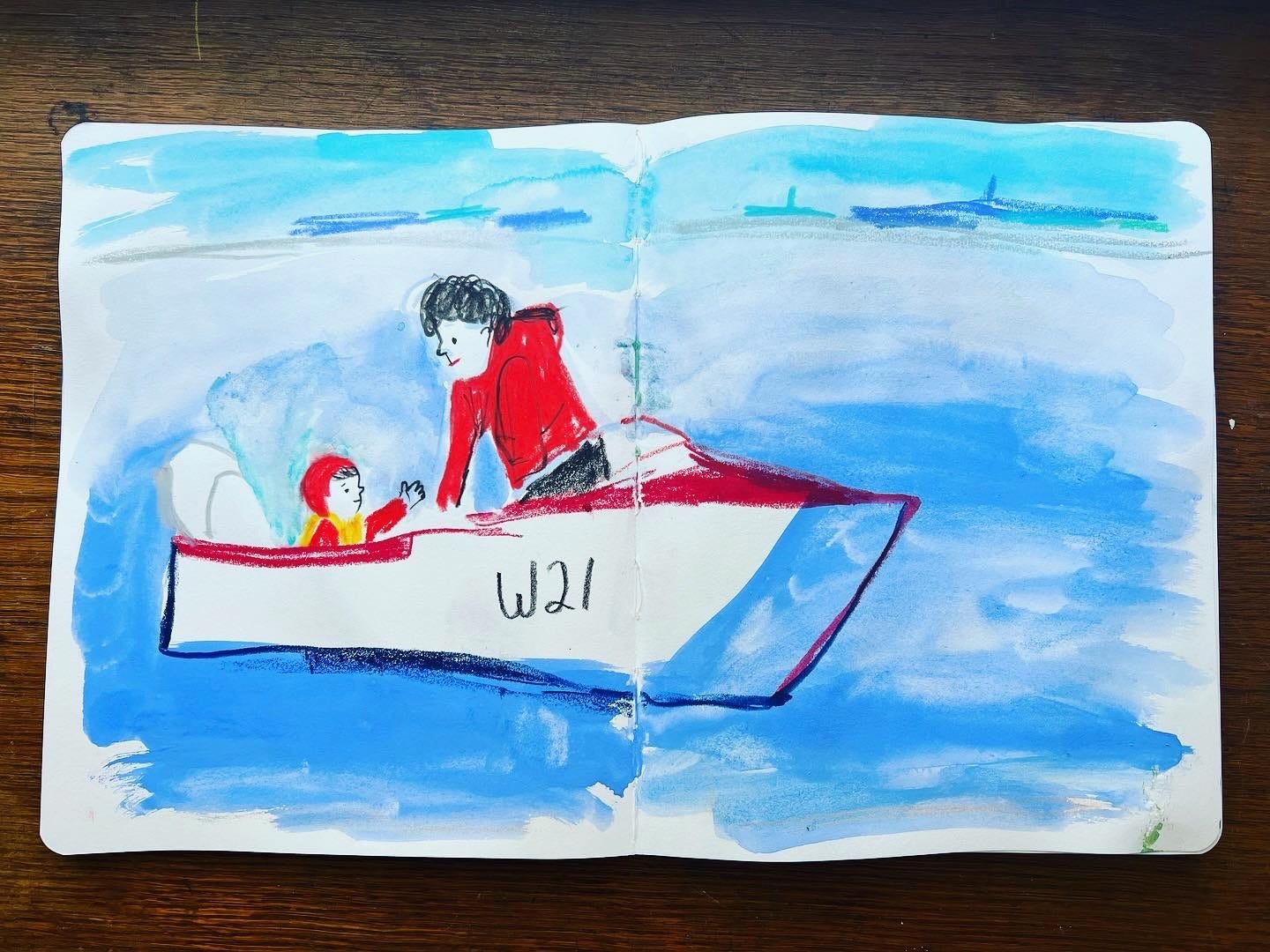 sketchbook illustration of person and child on a boat by Beth Spencer